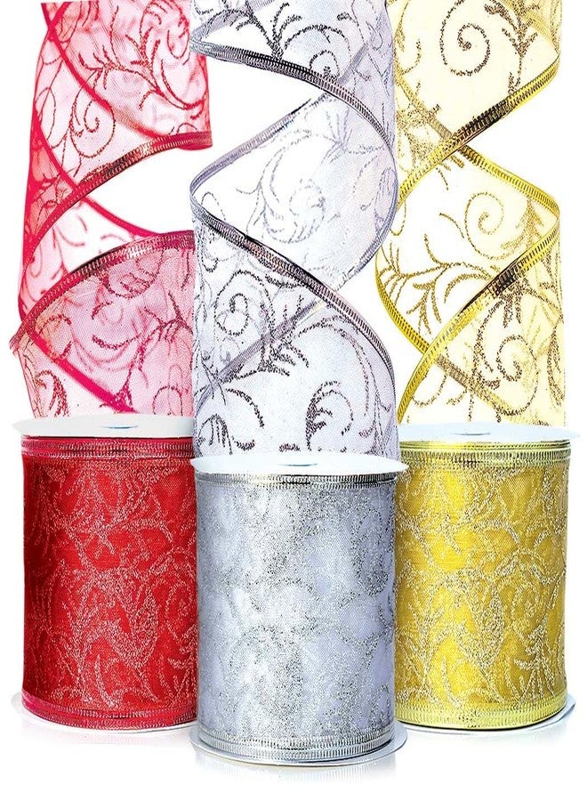 OLYPHAN Christmas Ribbon for Gift Wrapping Ribbons Wired 1.5 Inch Set of Ribbon Wire Red Green Silver Sheer Organza Glitter Gift Wrap Xmas Tree Decoration Holiday Craft (red Gold Silver, 2.5 Inch Wide) - Image 1